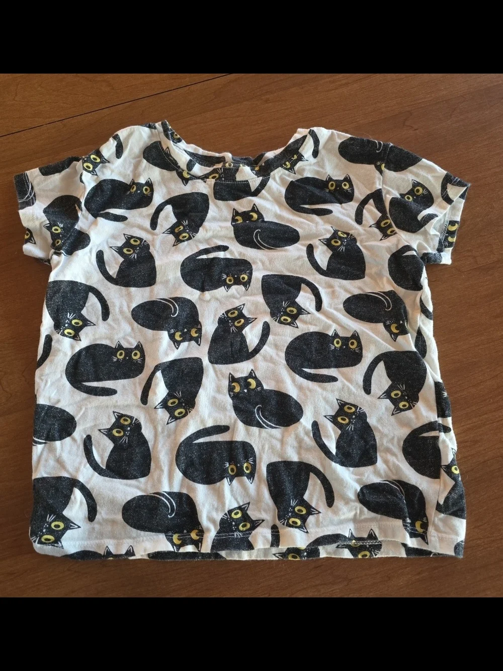 Old Navy White Tee with Black Cat Pattern and Yellow Eyes